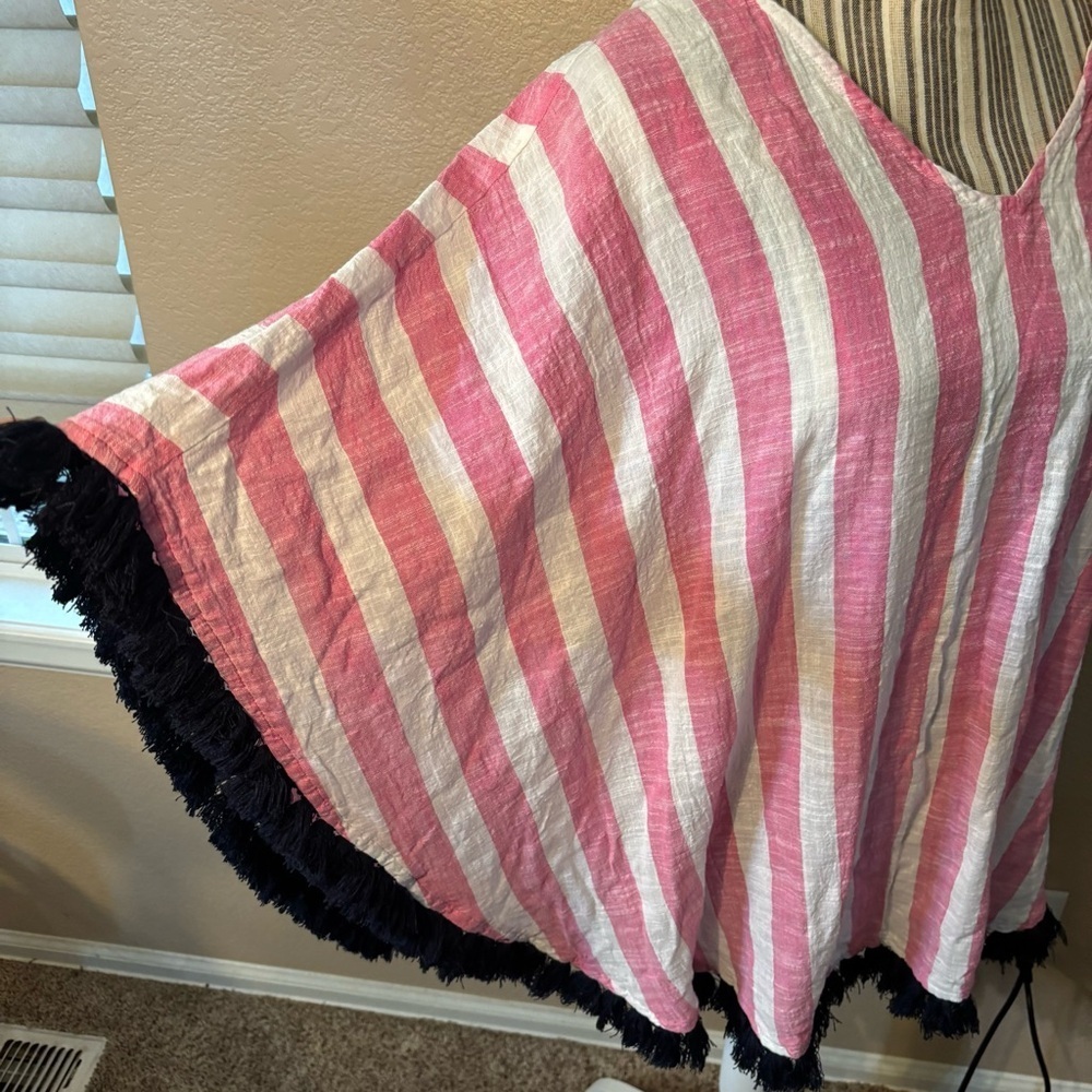 Mud Pie Coverup Pink White Striped Black Fringe Beach Swim Poncho Cotton - Picture 6 of 16